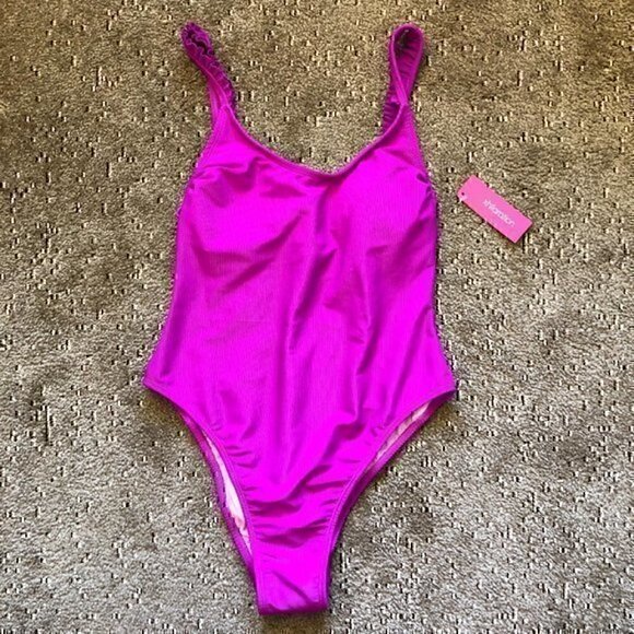NEW NWT XHILARATION Ribbed Ruffle Shoulder One Piece Swimsuit Purple JRS Large - Picture 2 of 12